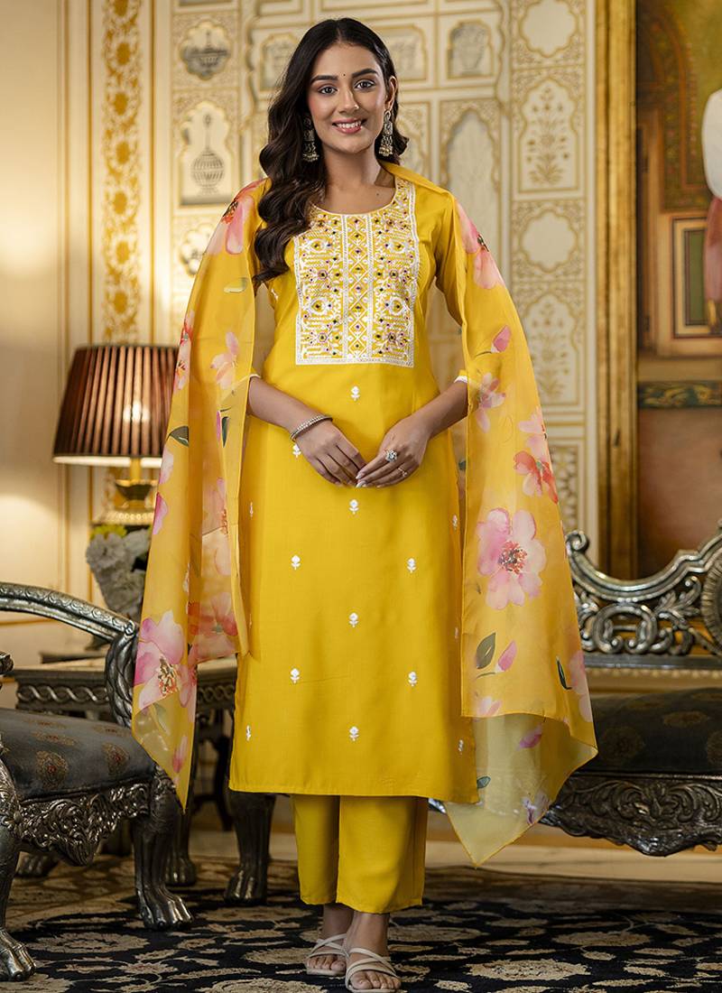 Rayon embroidered salwar kameez in yellow