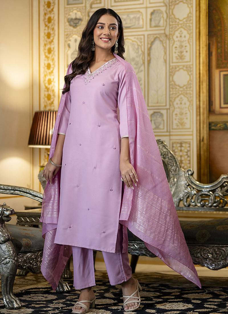 Pink color embroidered viscose rayon kurta set