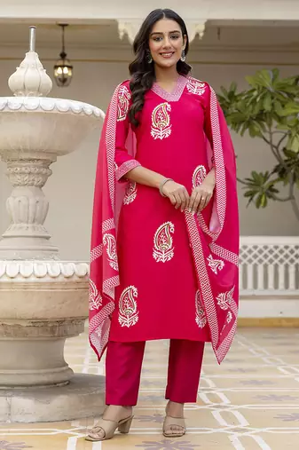 Rayon rani pink printed salwar kameez