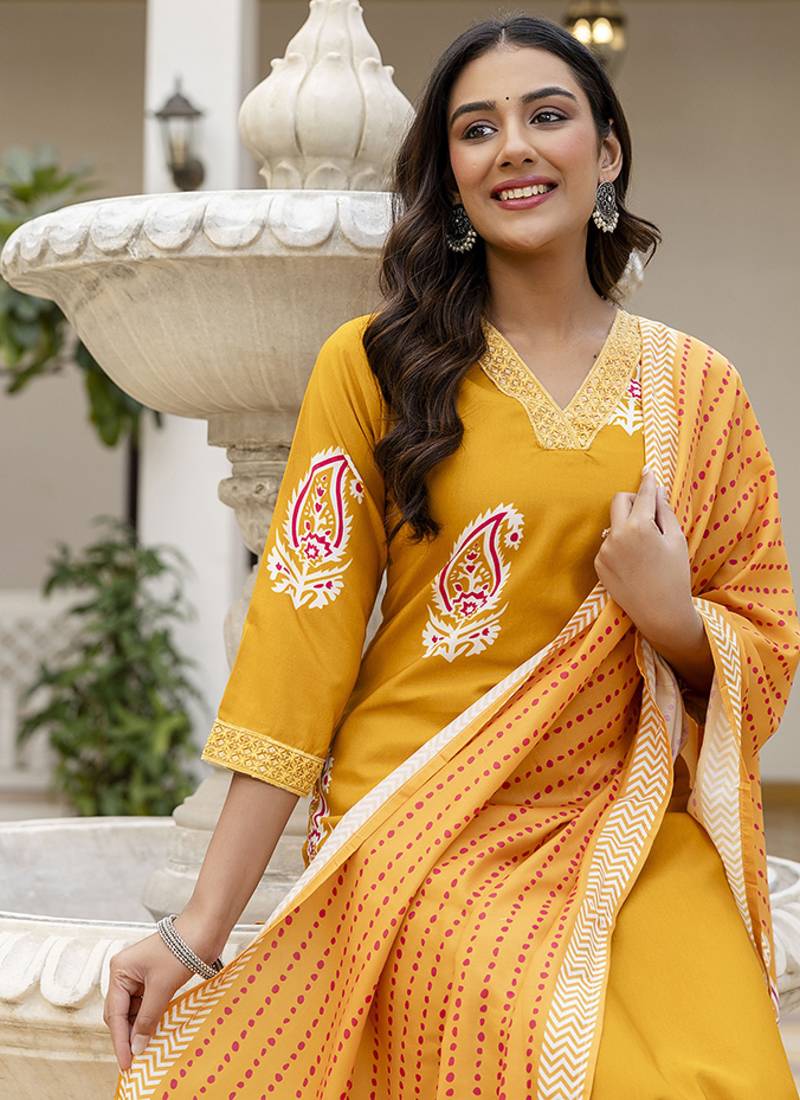 Rayon mustard printed salwar kameez