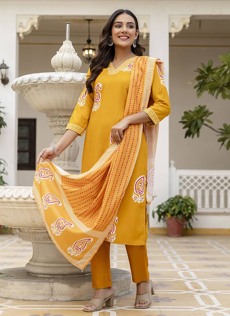 Rayon mustard printed salwar kameez