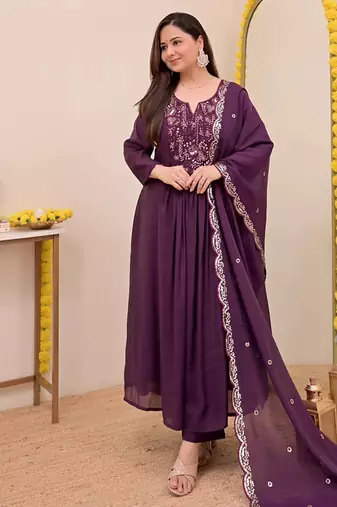 Wine chanderi silk embroidered anarkali suit