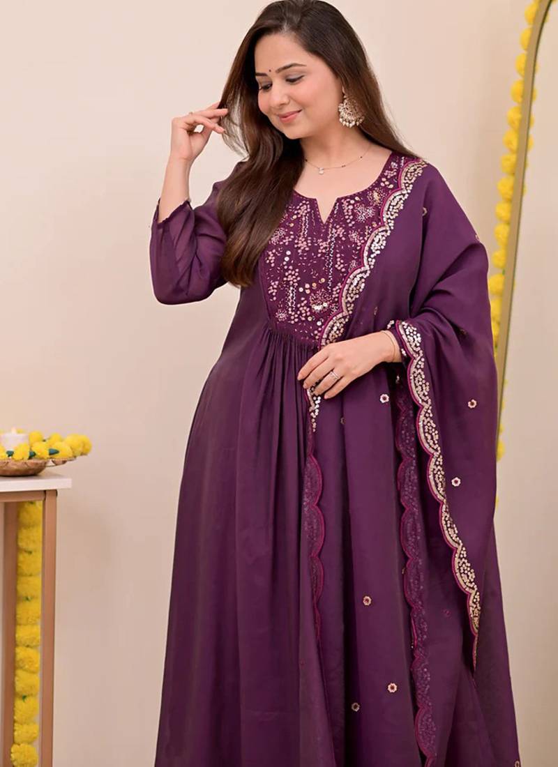 Wine chanderi silk embroidered anarkali suit