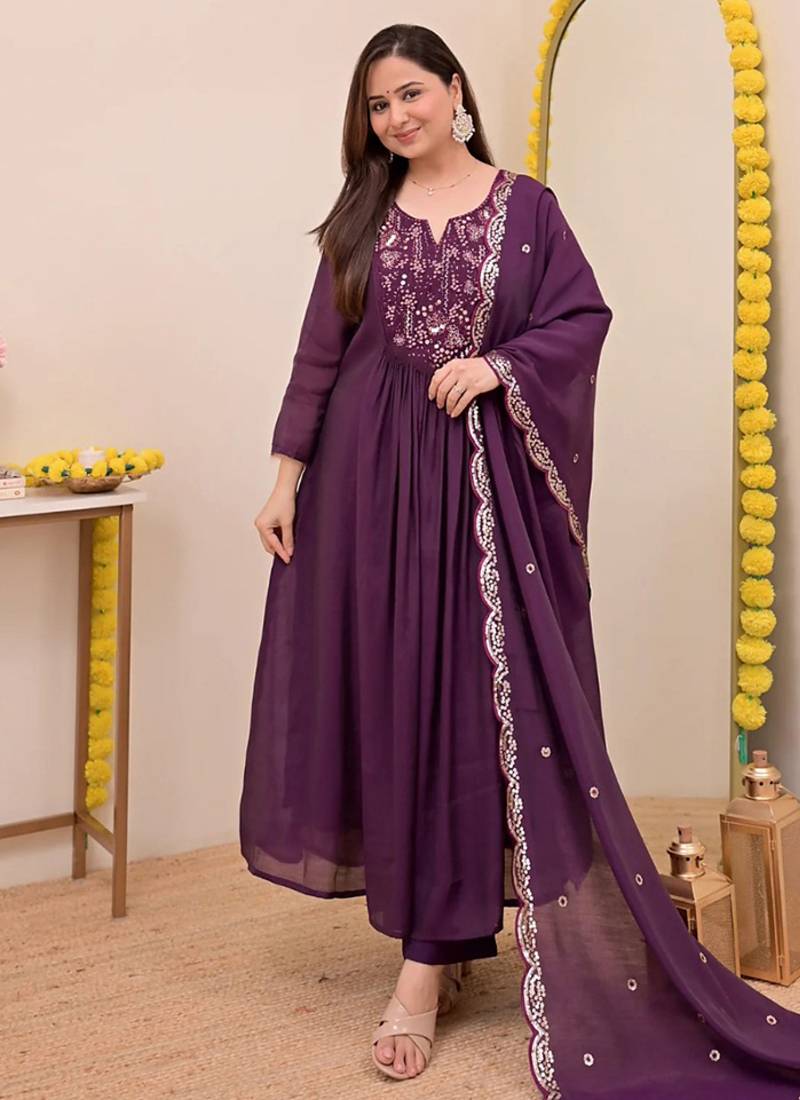 Wine chanderi silk embroidered anarkali suit