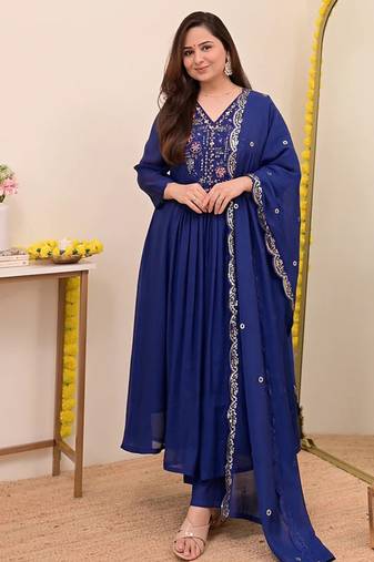Navy blue chanderi silk embroidered anarkali suit