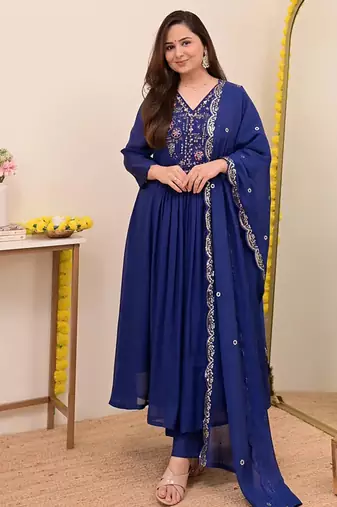 Navy blue chanderi silk embroidered anarkali suit