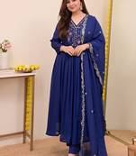 Navy blue chanderi silk embroidered anarkali suit