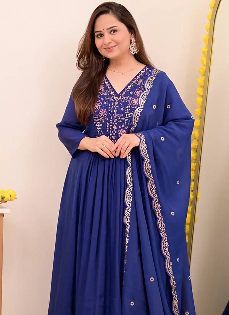 Navy blue chanderi silk embroidered anarkali suit