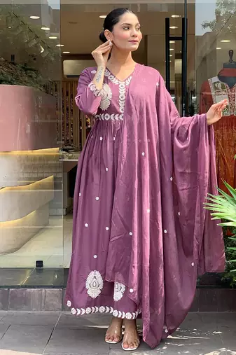 Chanderi silk embroidered mauve anarkali suit