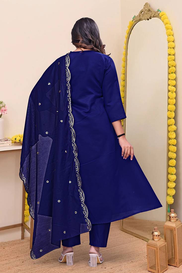 Navy blue chanderi silk embroidered anarkali suit