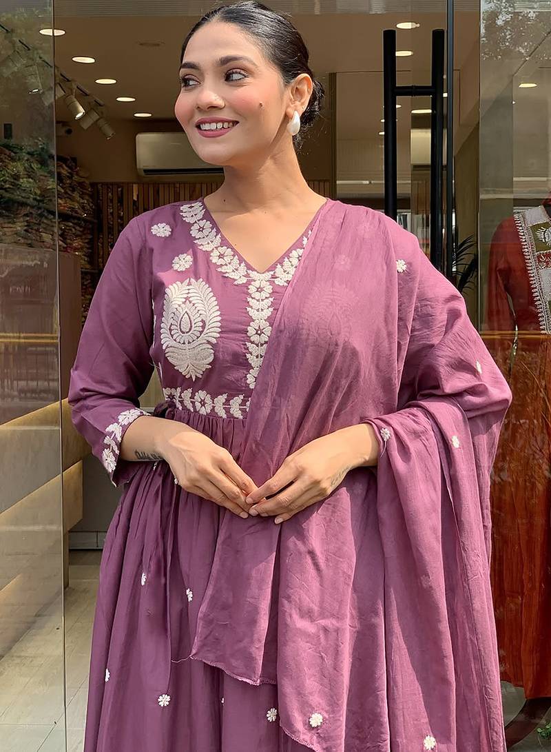 Chanderi silk embroidered mauve anarkali suit