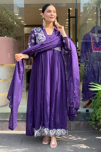 Violet roman silk embroidered anarkali suit