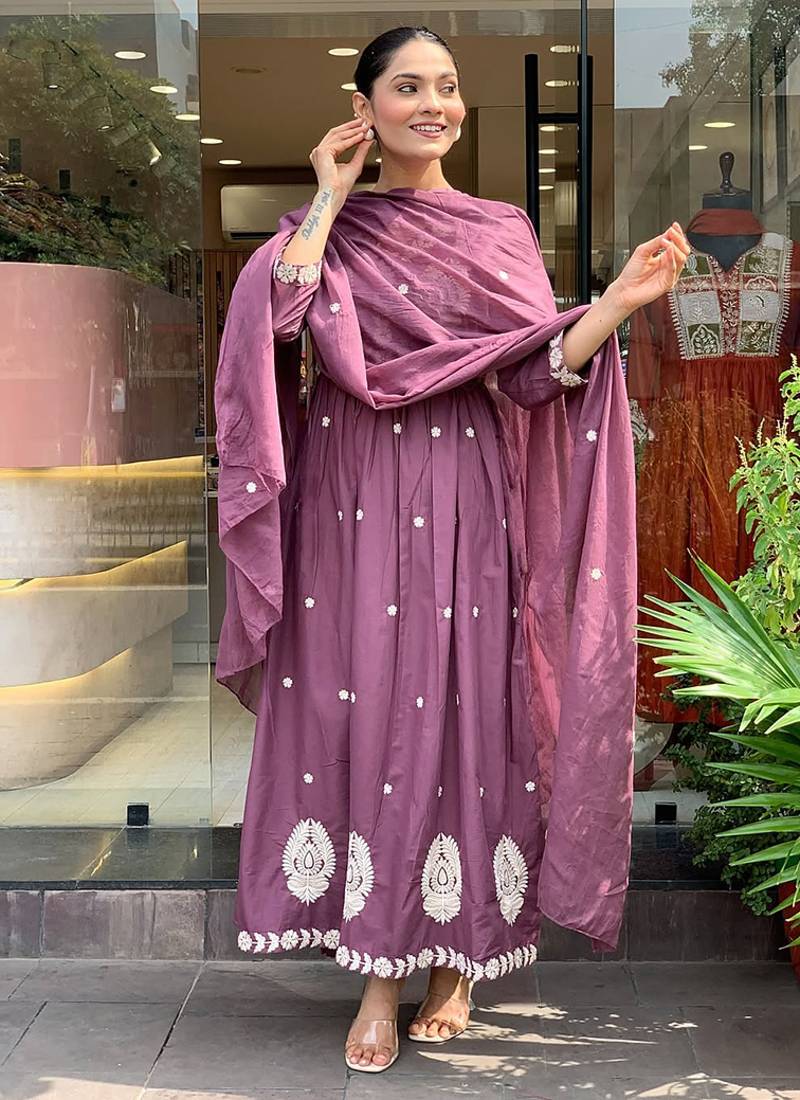 Chanderi silk embroidered mauve anarkali suit