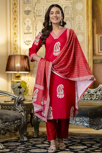 Rayon red printed salwar kameez