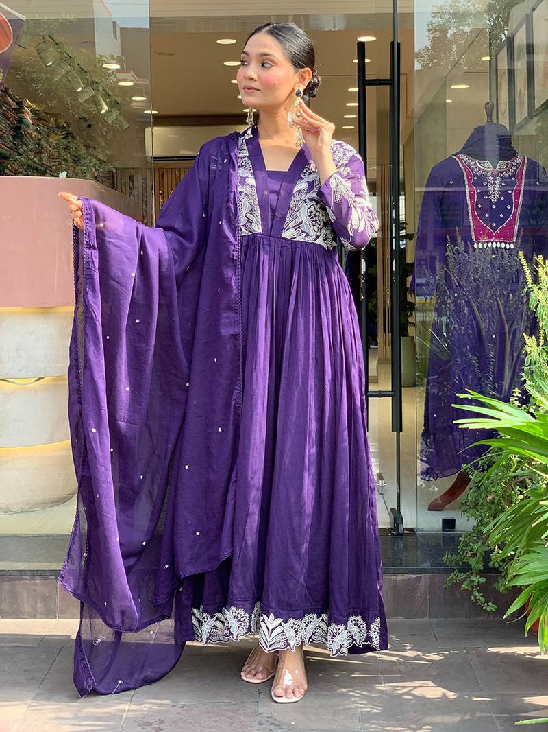 Violet roman silk embroidered anarkali suit