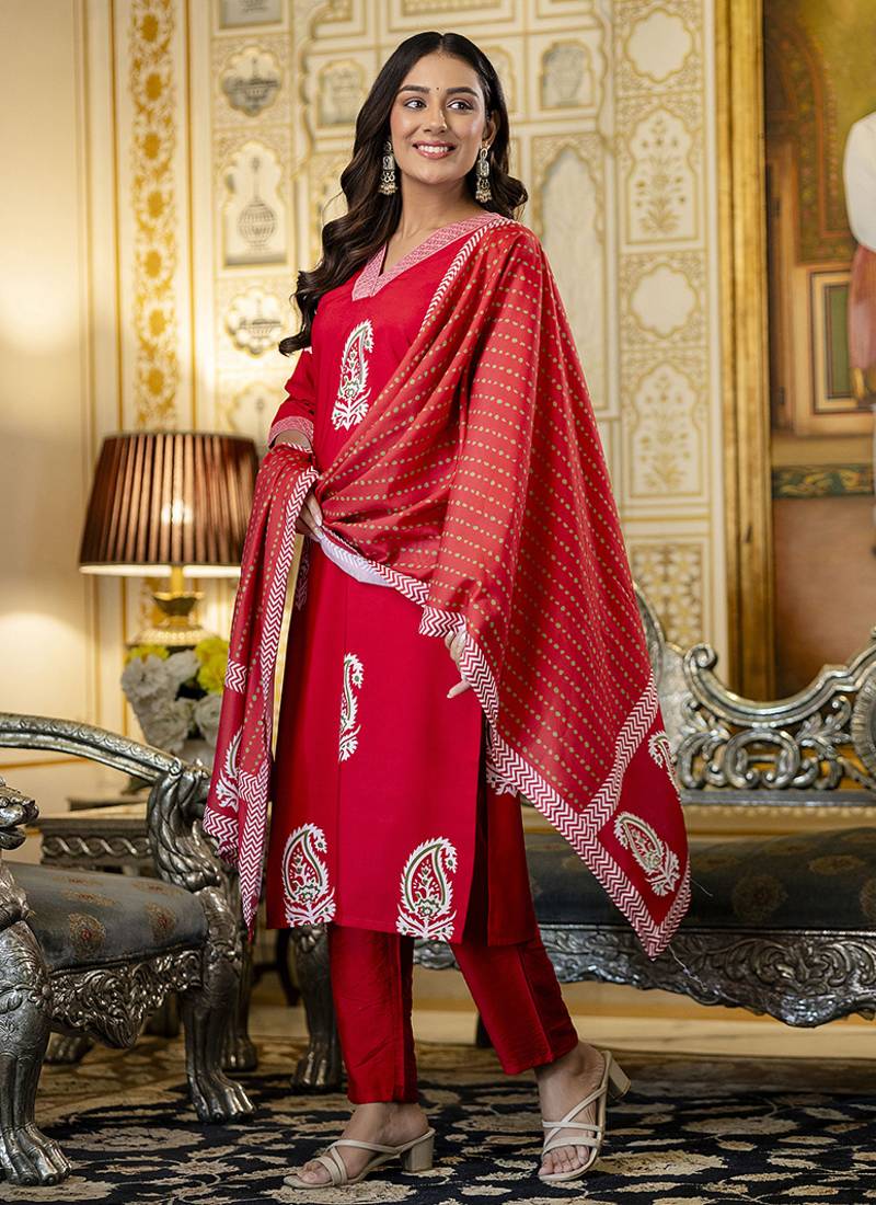 Rayon red printed salwar kameez