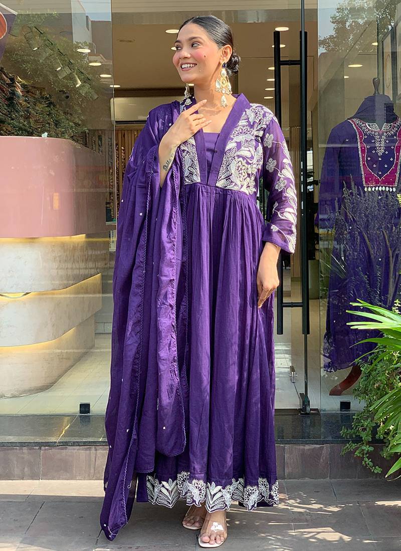 Violet roman silk embroidered anarkali suit