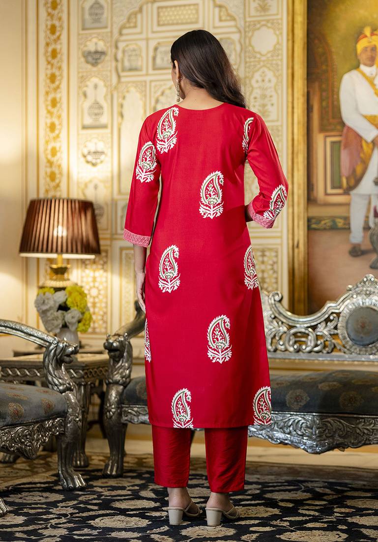 Rayon red printed salwar kameez