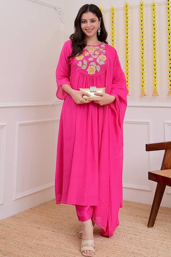 Chanderi silk hot pink embroidered kurta set