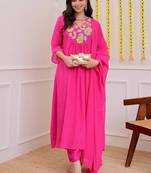 Chanderi silk hot pink embroidered kurta set