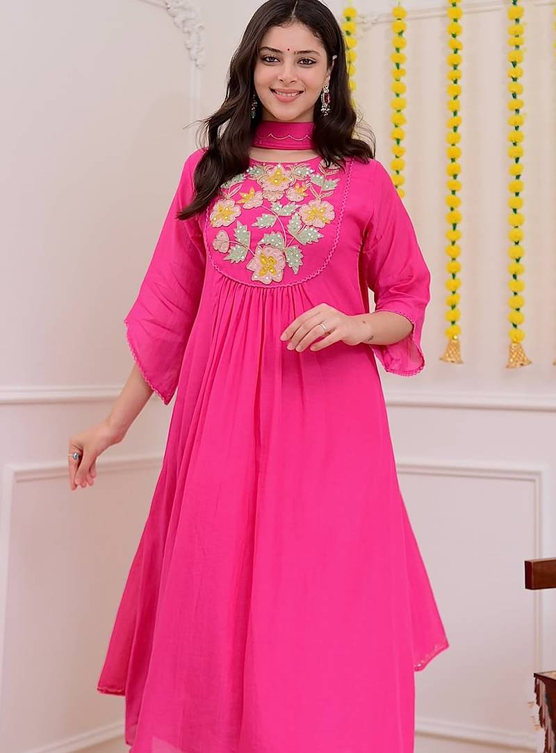 Chanderi silk hot pink embroidered kurta set