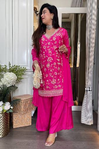 Rani pink embroidered chinon eid palazzo suit