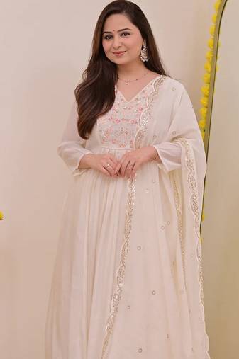 Off white chanderi silk embroidered anarkali suit