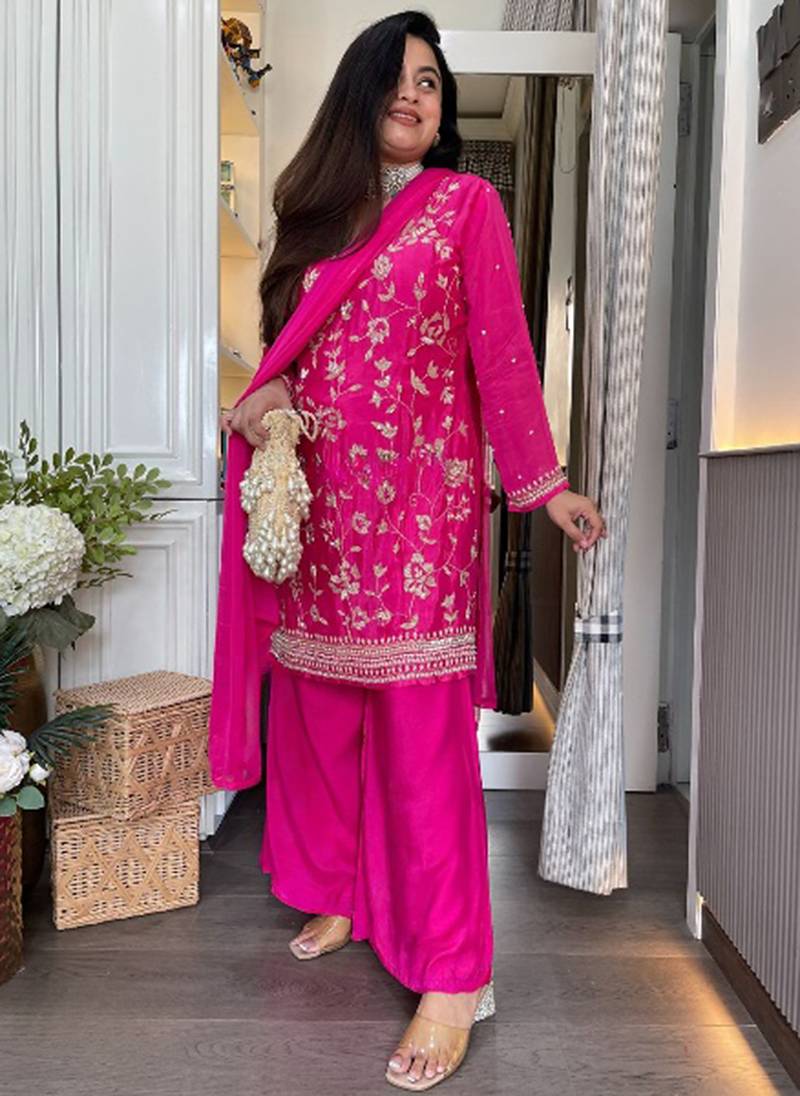 Rani pink embroidered chinon eid palazzo suit