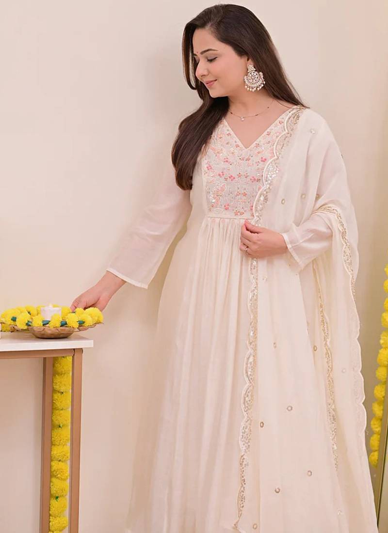 Off white chanderi silk embroidered anarkali suit