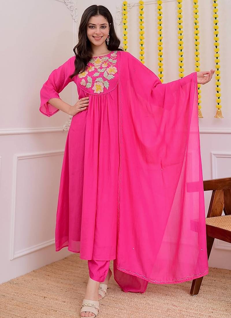 Chanderi silk hot pink embroidered kurta set