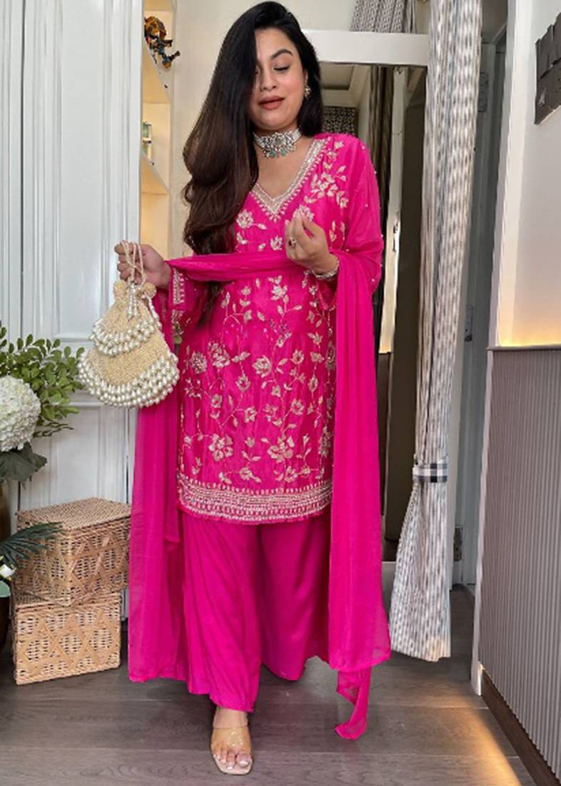 Rani pink embroidered chinon eid palazzo suit