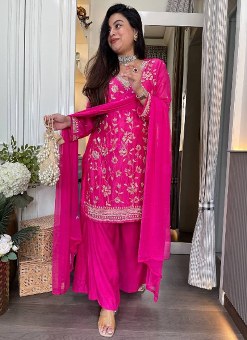 Rani pink embroidered chinon eid palazzo suit
