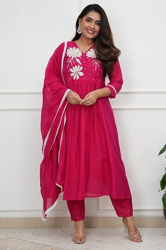 Rani pink roman silk embroidered anarkali suit