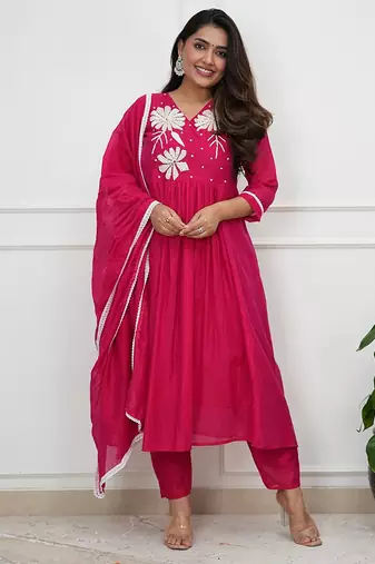 Rani pink roman silk embroidered anarkali suit
