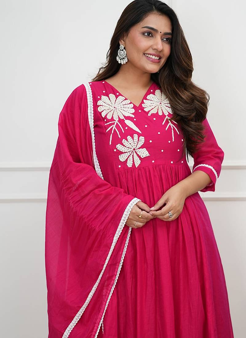 Rani pink roman silk embroidered anarkali suit