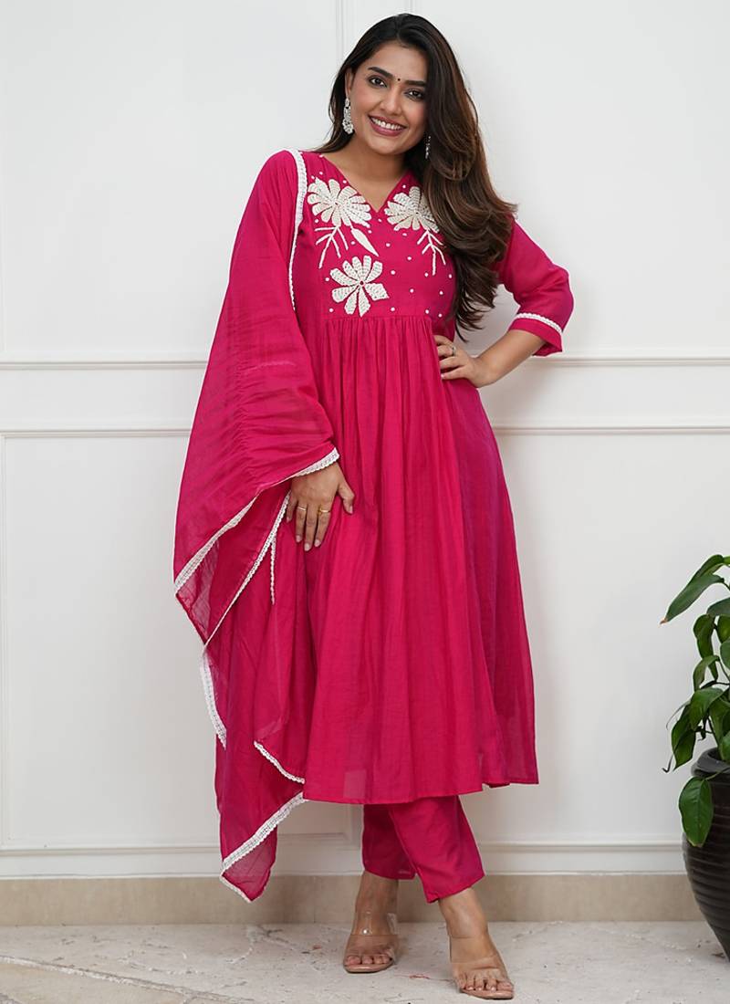 Rani pink roman silk embroidered anarkali suit