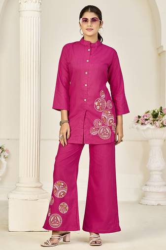 Hot pink rayon slub embroidered co-ord set