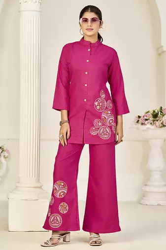 Hot pink rayon slub embroidered co-ord set