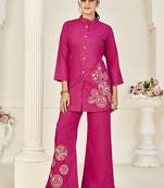 Hot pink rayon slub embroidered co-ord set