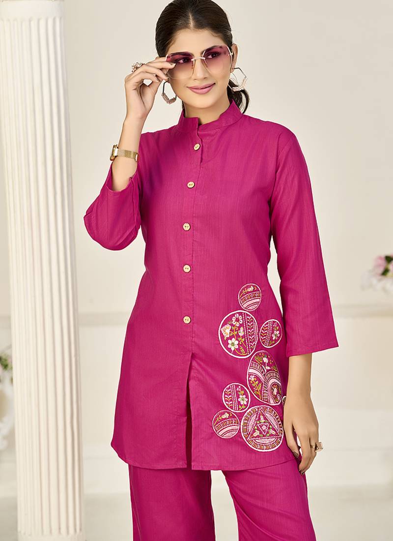 Hot pink rayon slub embroidered co-ord set