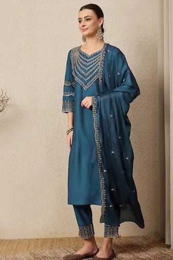 Teal blue roman silk embroidered suit