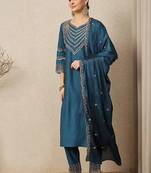 Teal blue roman silk embroidered suit