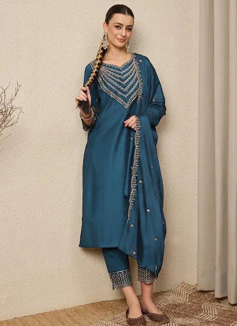 Teal blue roman silk embroidered suit