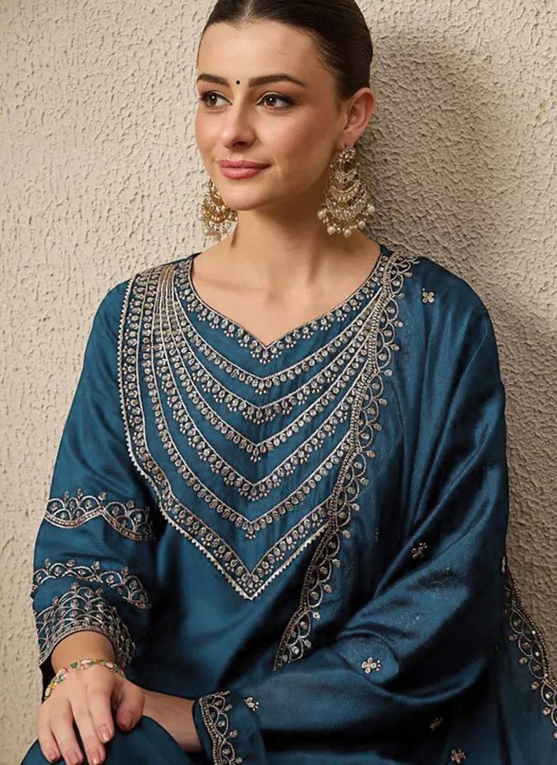 Teal blue roman silk embroidered suit