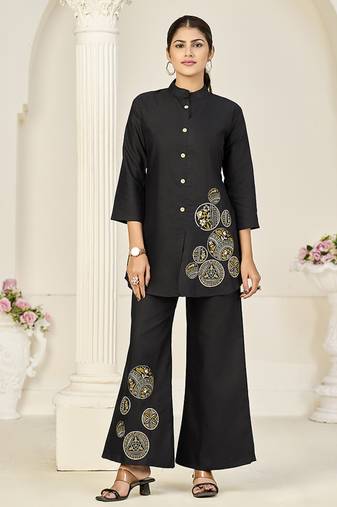 Black rayon slub embroidered co-ord set