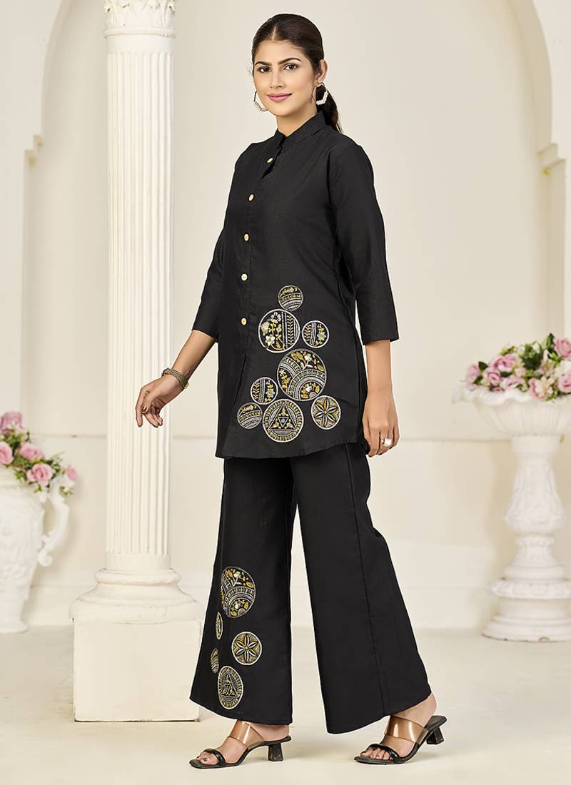 Black rayon slub embroidered co-ord set