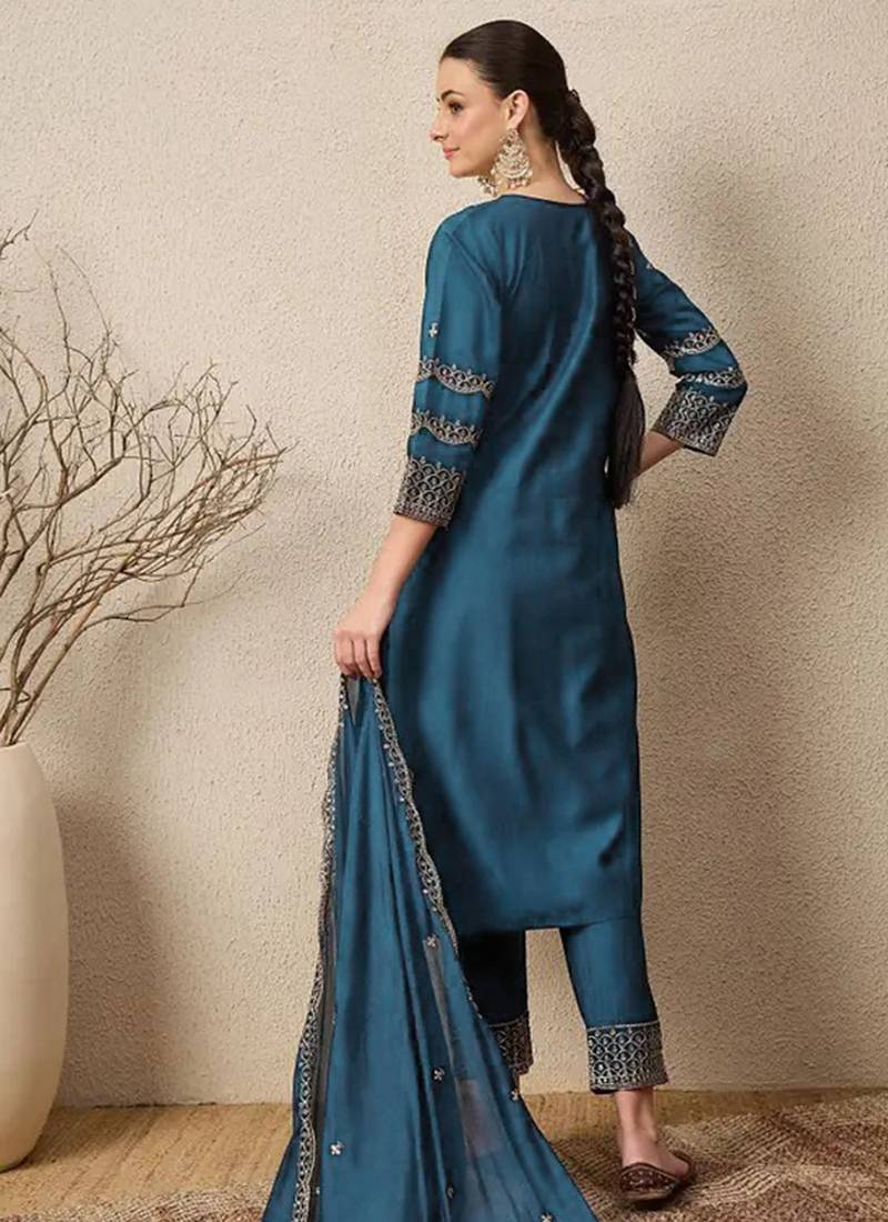 Teal blue roman silk embroidered suit