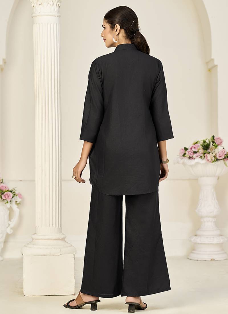 Black rayon slub embroidered co-ord set