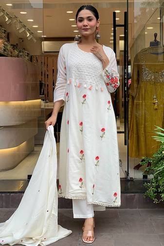 Chanderi silk embroidered white color suit