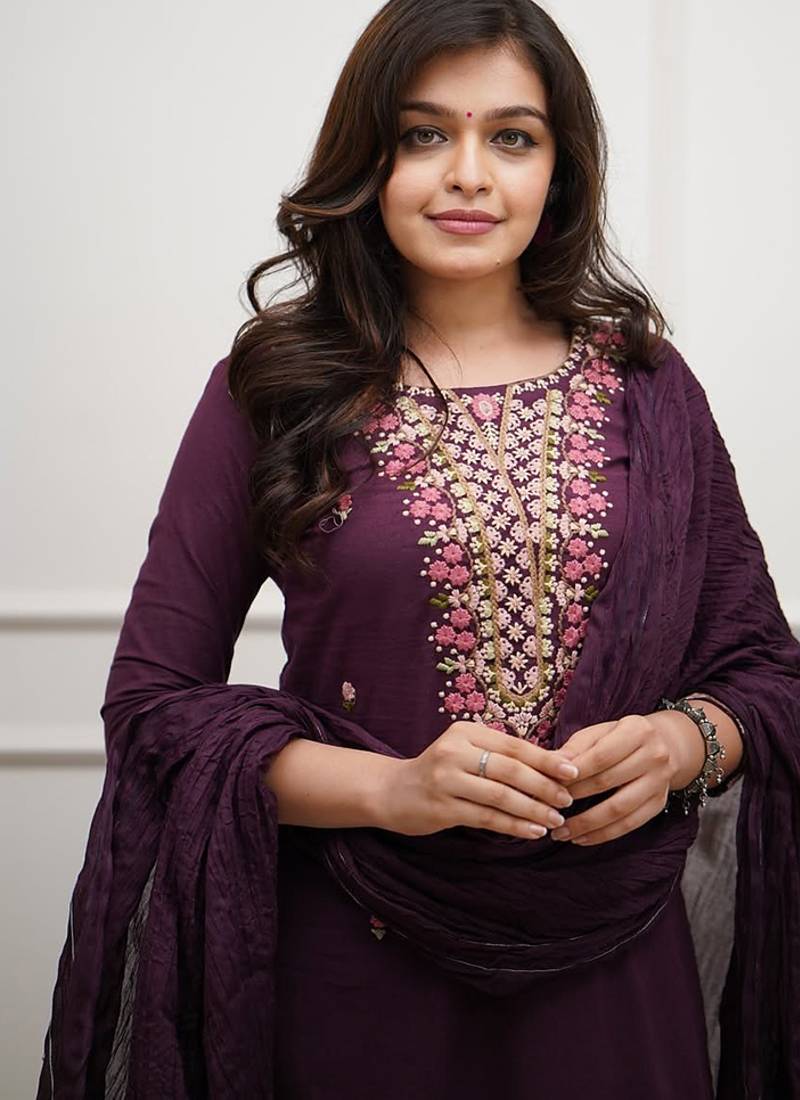 Rayon embroidered salwar suit in wine